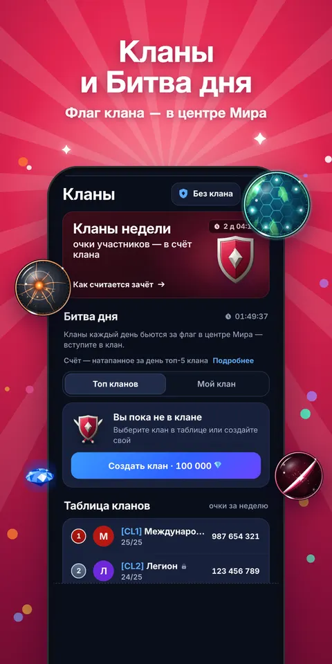 Экран кланов Cazis: Битва дня и таблица кланов